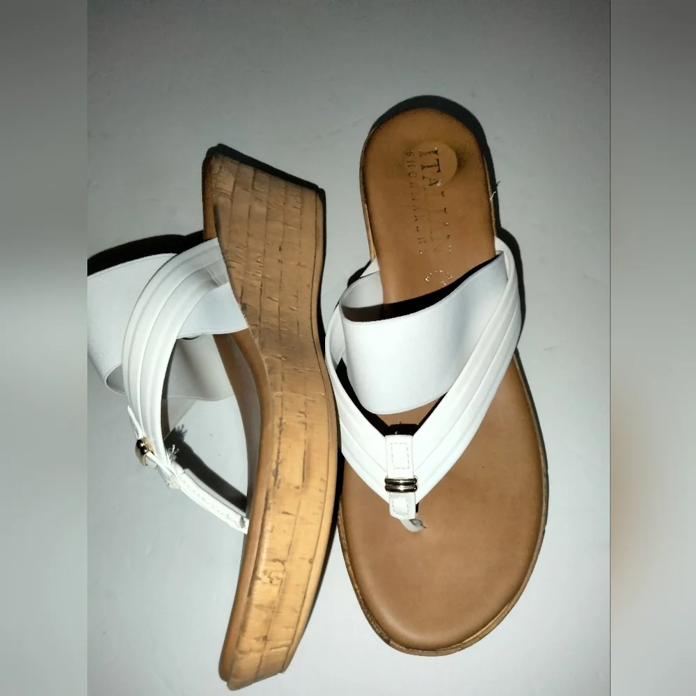 Italian Shoemakers (Size 9.5) White Stretch Strap Platform Wedge Thong Sandals
